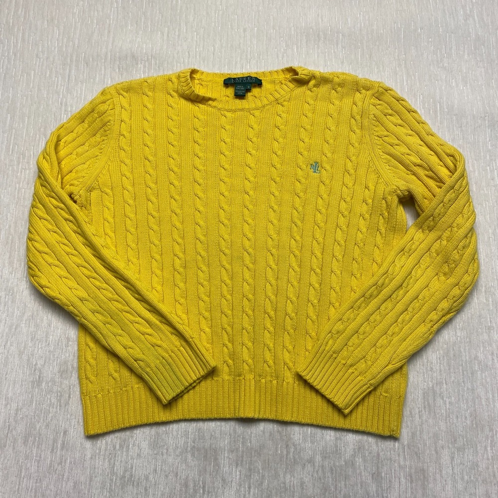 Lauren Ralph Lauren Cable Knit Sweater Womens Medium Yellow Cotton Pullover